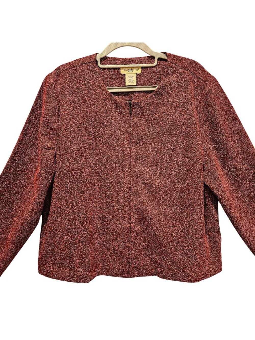 TravelSmith Blazer Jacket Womens L Petite Red Black Long Sleeves Zip Career